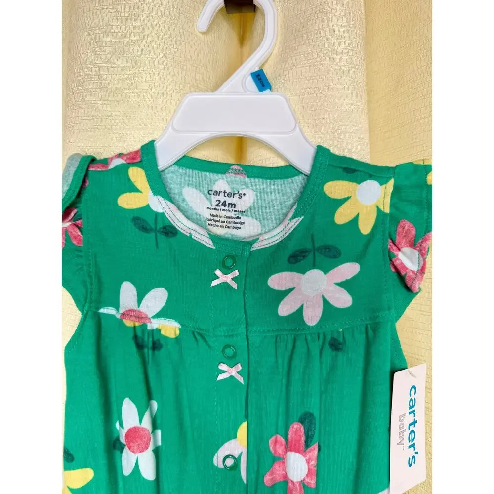 Carters green with flower print snap button one piece romper size 24 month